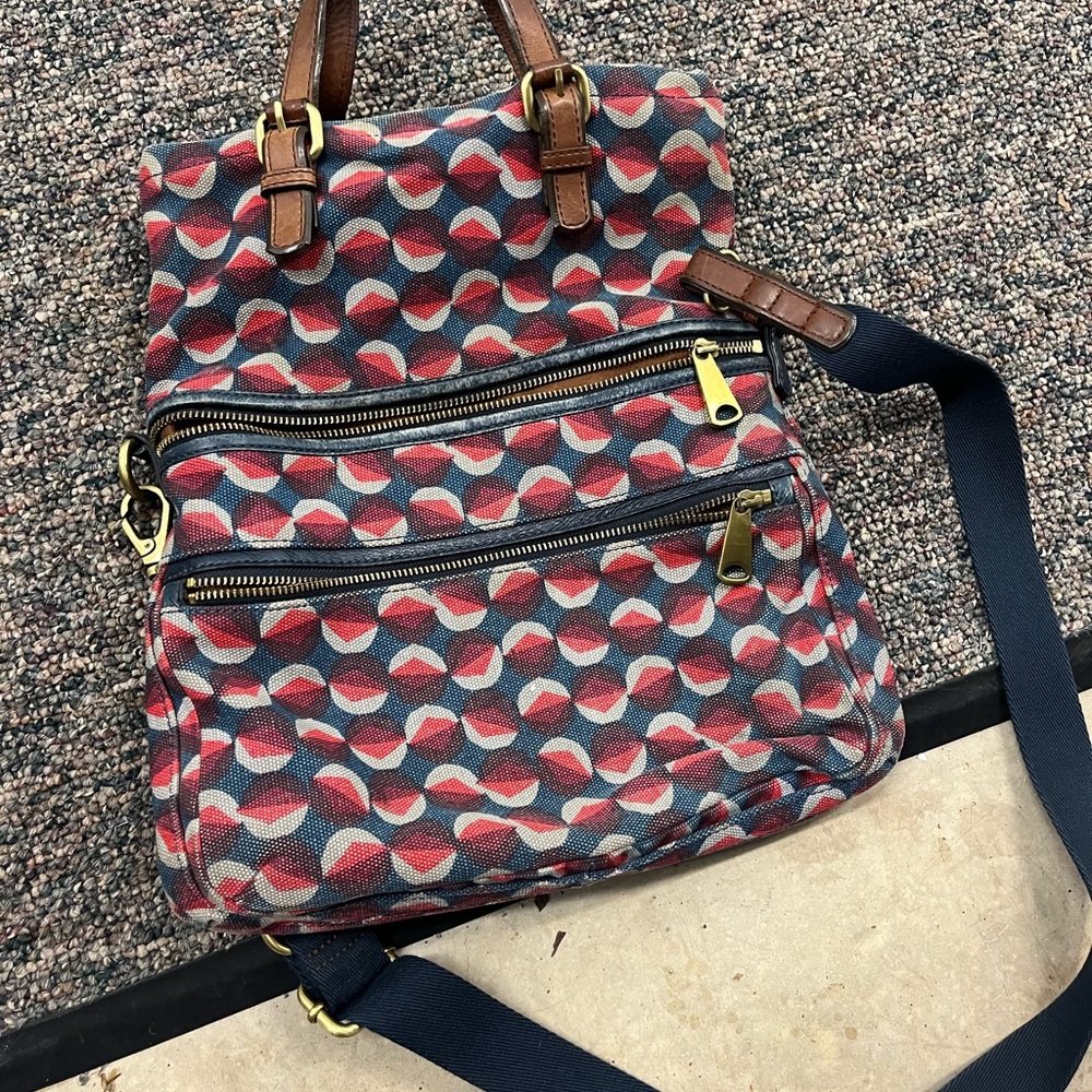 Fossil Explorer Geometric Fabric Leather Trim Crossbody/Shoulder Bag